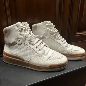 White/Beige Saint Laurent High Top Sneaker in a size 38.5